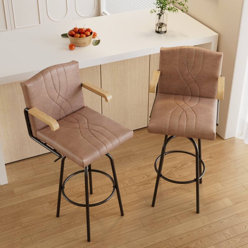 Bar Height Upholstered Bar Stools with Back PU Leather Seat and Wood Arms 30" Tall Bar Chairs 350 lb Weight Capacity
