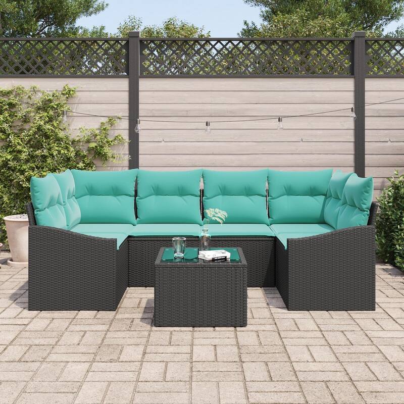 vidaXL 7 Garden Sofa Set with Cushions Black Poly Rattan - 92.1 x 48.6 x 27.2