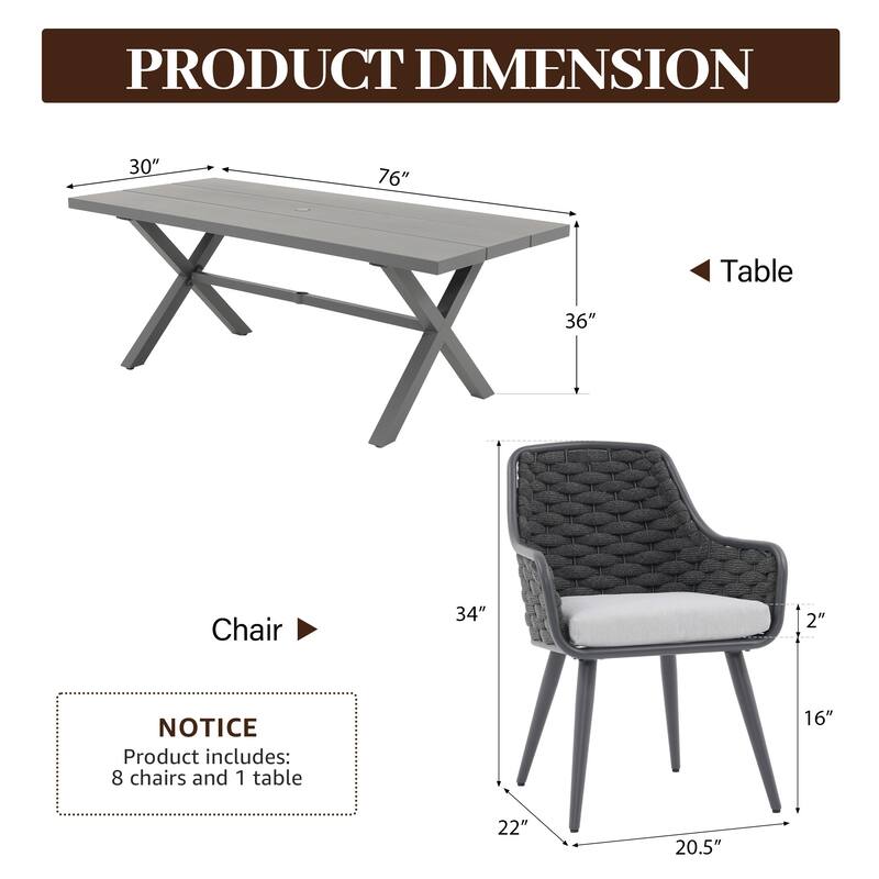 Outdoor Patio Dining Sets with Handwoven Rope Chairs and X-leg Aluminum Dining Table for 8 Persons