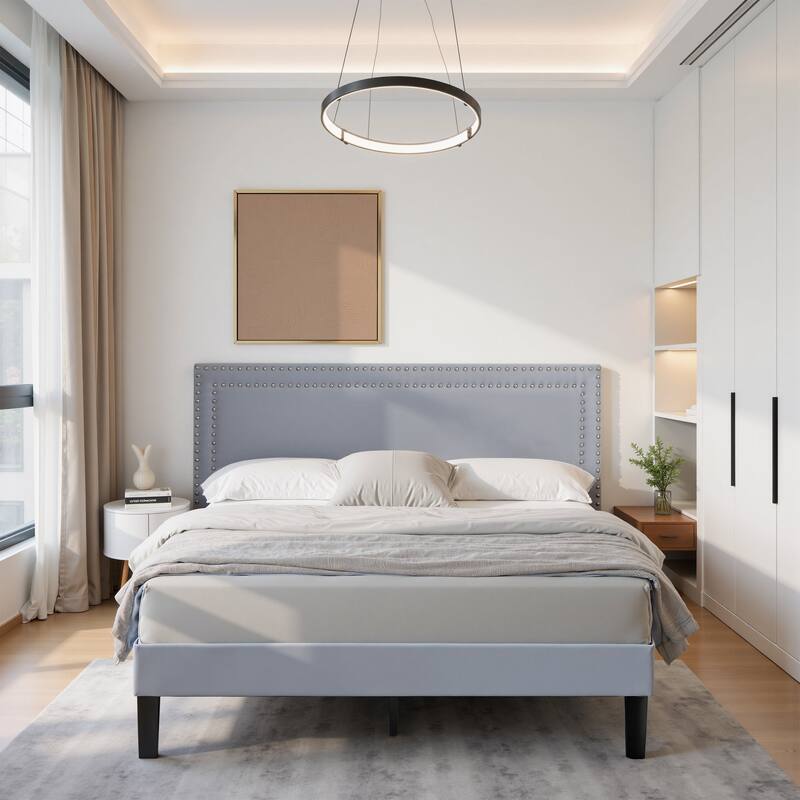 VECELO Upholstered Bed Frames with Height Adjustable Headboard - Light Grey - Queen