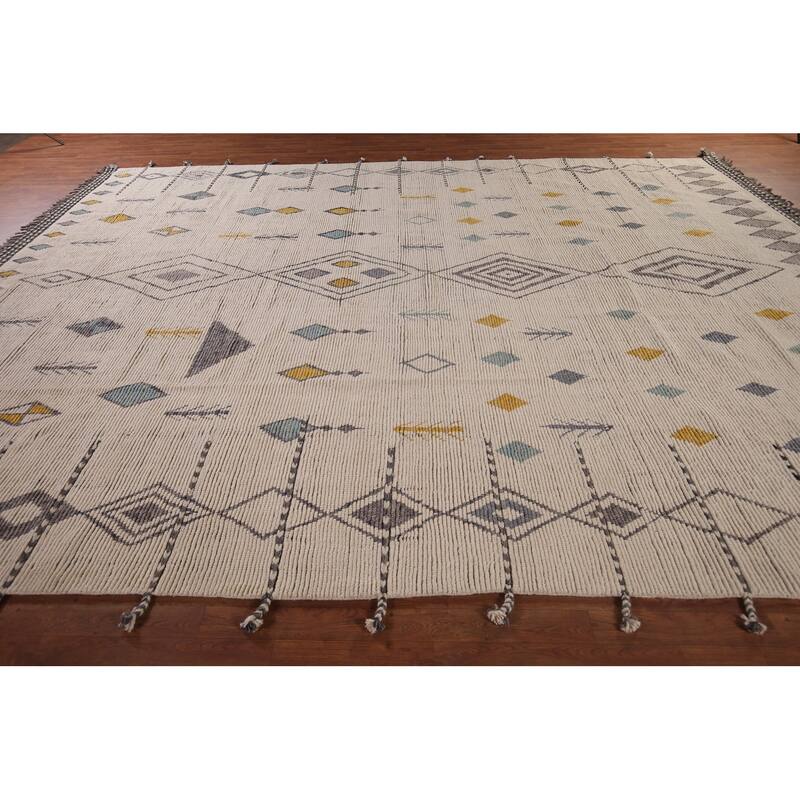 Geometric Ivory Moroccan Oriental Large Area Rug Handmade Wool Carpet - 11'8"x 15'9"