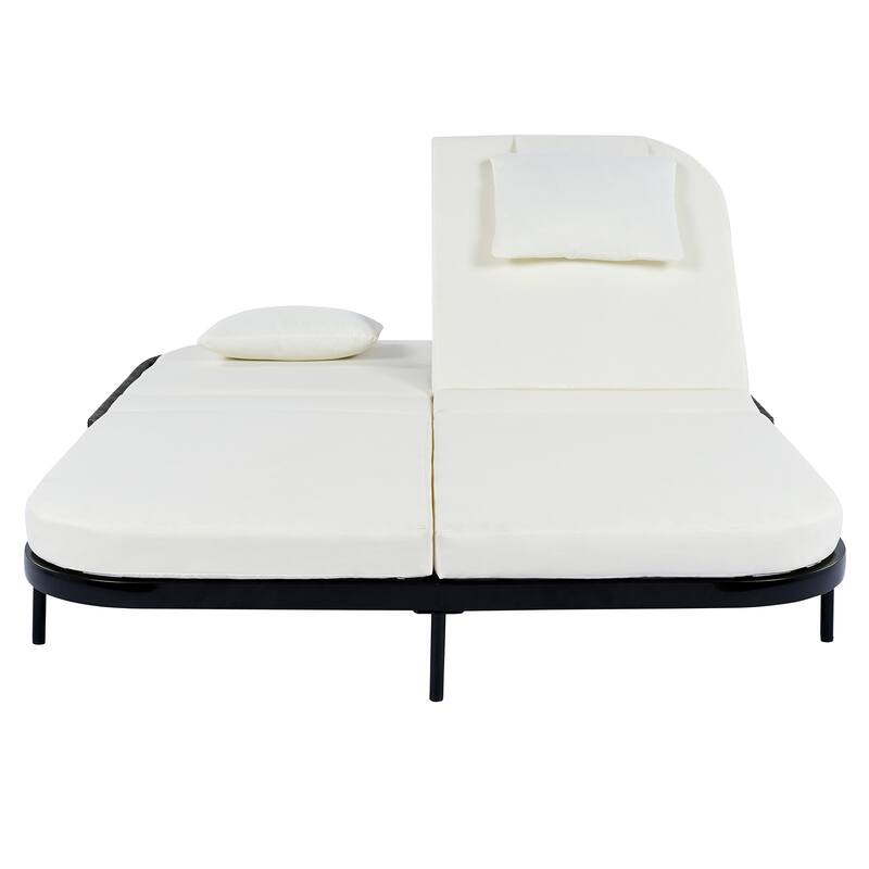 Outdoor Double Chaise Lounge Chair with 5-Position Adjustable Backrest, Patio PE Rattan Reclining Chair 2-Person Sunbed Daybed