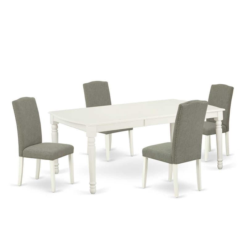 Medieval Dining Set 5Pc Table & 4 Chairs - 60x78" Rectangular Table with Leaf - Linen White Legs & Dark Shitake Fabric