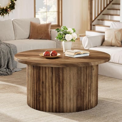 Farmhouse Round Coffee Table, 31.5" Circle Center Table with Fluted Drum Base & Wooden Grain Veneer Top