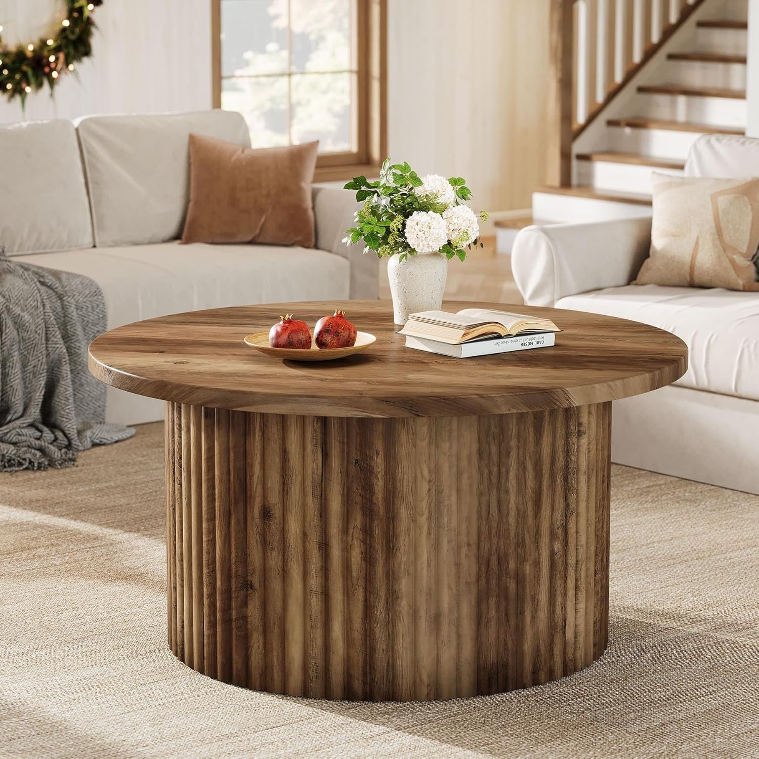 Farmhouse Round Coffee Table, 31.5" Circle Center Table with Fluted Drum Base & Wooden Grain Veneer Top