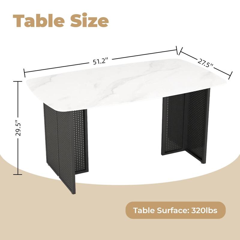 Rectangular Tempered Glass Dining Table for 6, Featuring a Marble-Patterned Design with black Hollow-Out Metal Legs