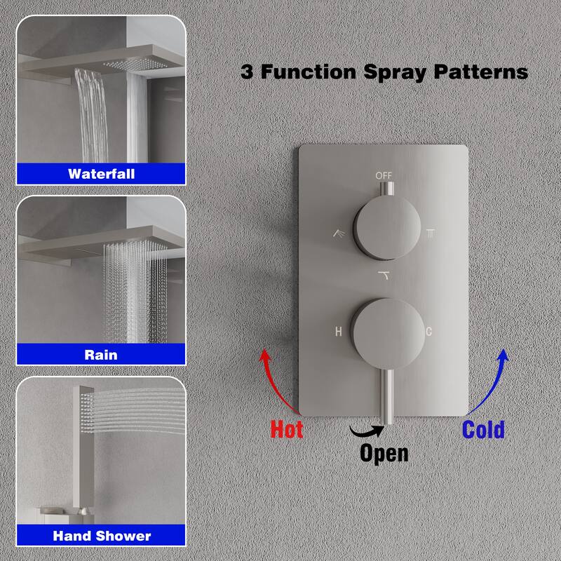 3-Function 22 in. Rectangle Wall Mount Rainfall Shower System With Hand shower(Valve Included)