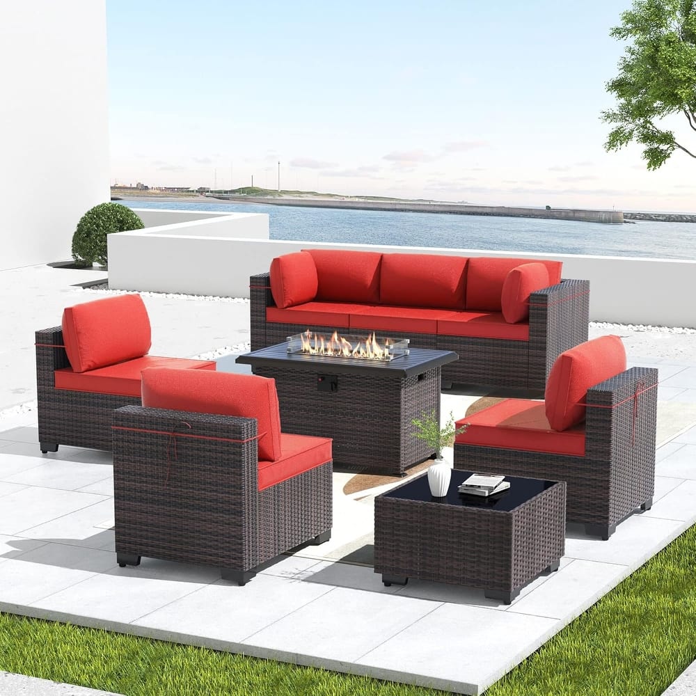 8 Pieces Outdoor Patio Furniture Set, All Weather PE Wicker Sectional Conversion Sofa set w/ Firepit Table