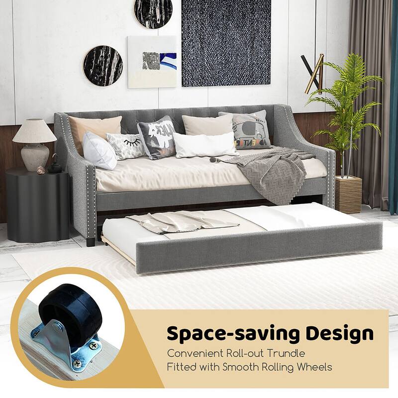 Gymax Twin Size Daybed w/ Trundle wingback Armrests & Button Tufted