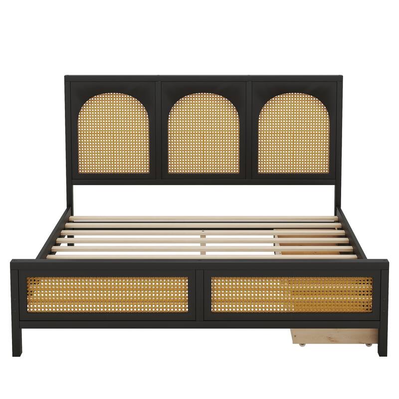 Pine Wood Platform Bed with 2 Drawers & Rattan
