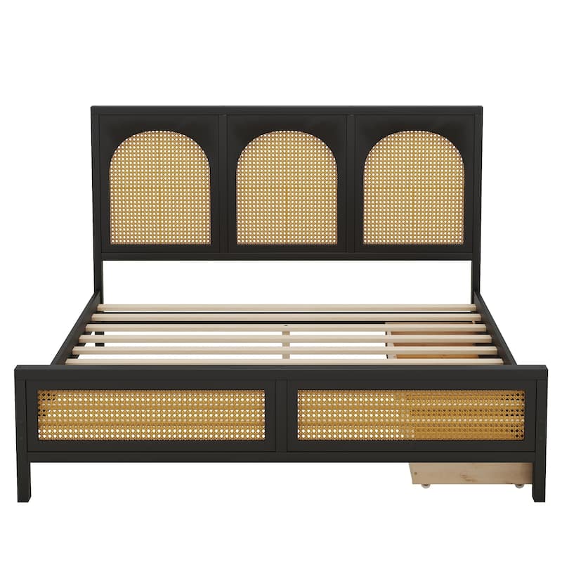 Queen Size Wood Platform Bed with Rattan Headboard, Footboard, and Storage Drawers