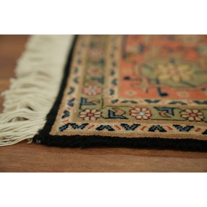 Hand Knotted Oriental Wool & Silk Carpet Traditional Geometric Navy Blue & Blues Tabriz Area Rug - 7' 0'' X 5' 1''