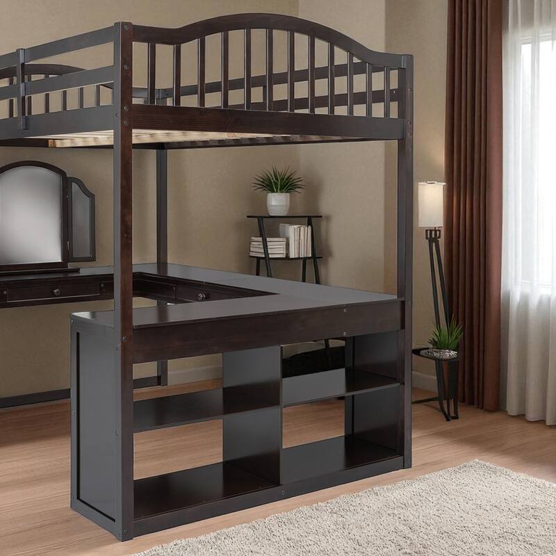 Full Size Wooden Loft Bed with U-Shaped Desk, 4 Compartments, 2 Drawers and Tri-Fold Mirror