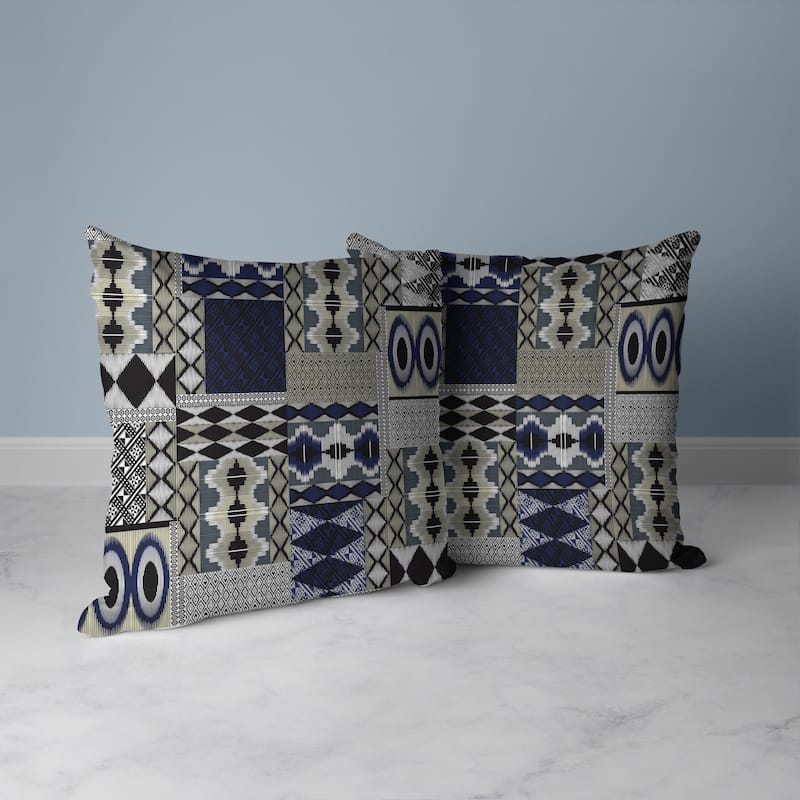Grey And Blue Patched Perfection Indoor/Outdoor Throw Pillow Zipper