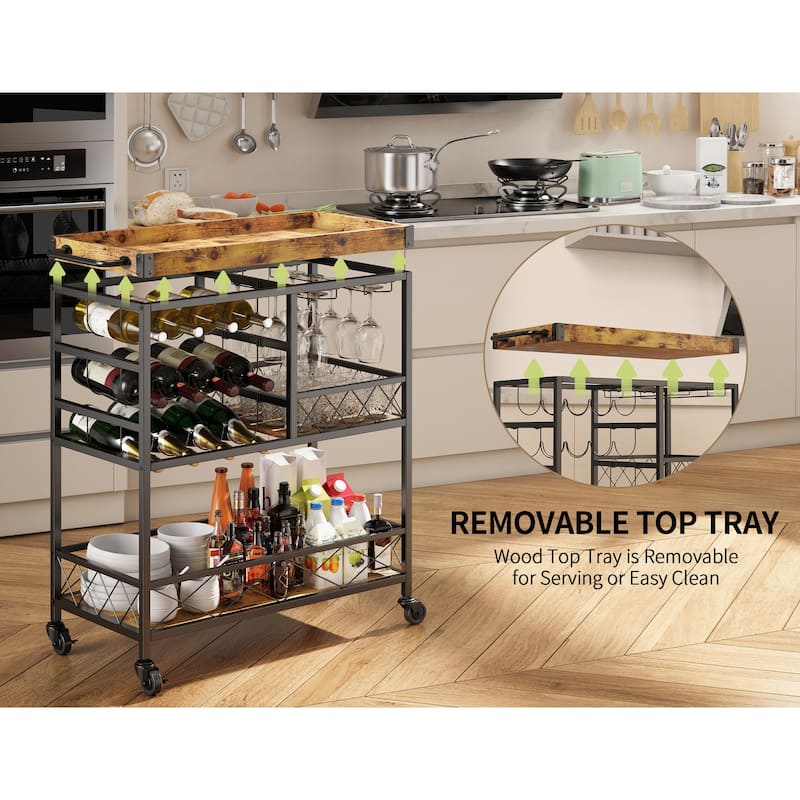Bar Serving Cart, Bar Cabinet, Mobile Wine Cart with Lockable Wheels