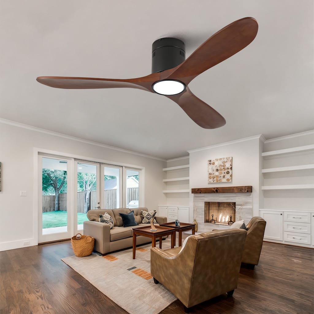 52-Inch Recessed Ceiling Fan With Light, Remote Control, Solid Wood Blades, Dimmable, Reversible, Quiet Operation - Black