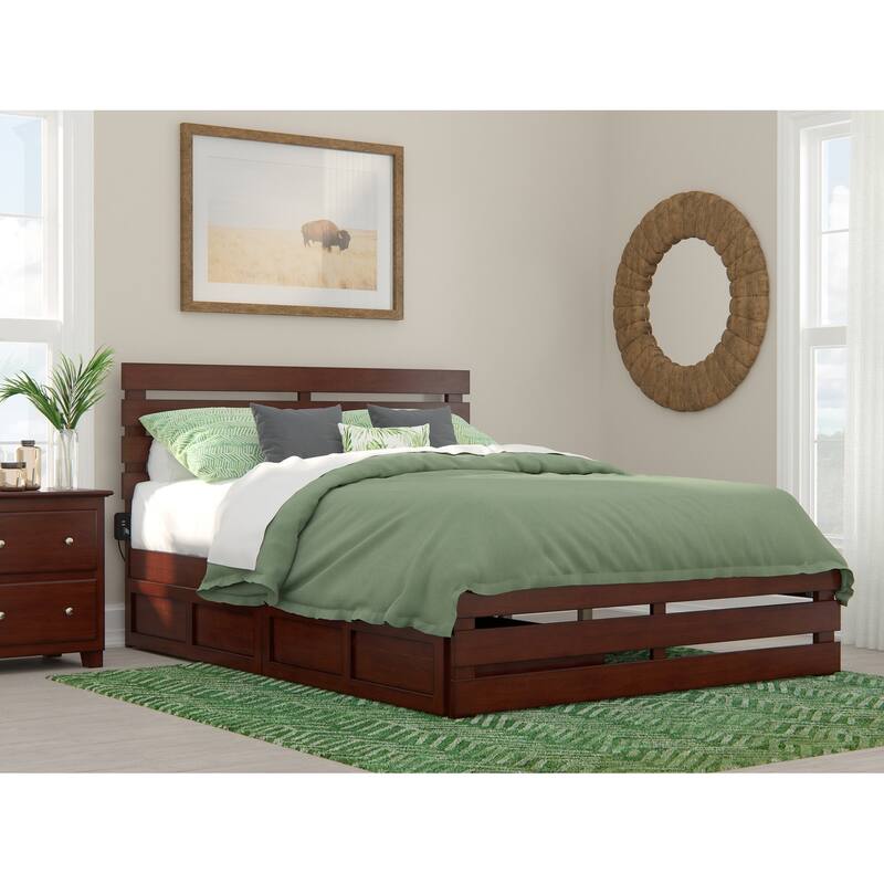 Oxford Bed with Footboard and USB Turbo Charger and 2 Storage Drawers - Walnut - Queen