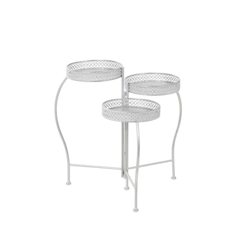 Metal Curved Folding 3 Tier Indoor Outdoor Plantstand with Floral and Scroll Patterns - Gold, Black, Silver - Roche River Decor