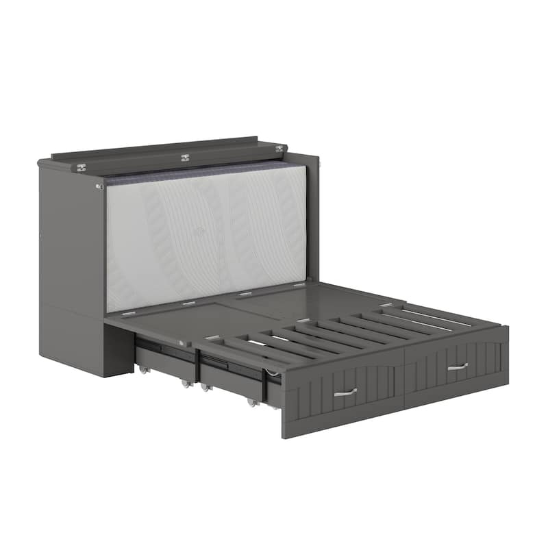 Murphy Bed Chest Full Size - Memory Foam Mattress & USB Charging - Grey Compact Space Saver
