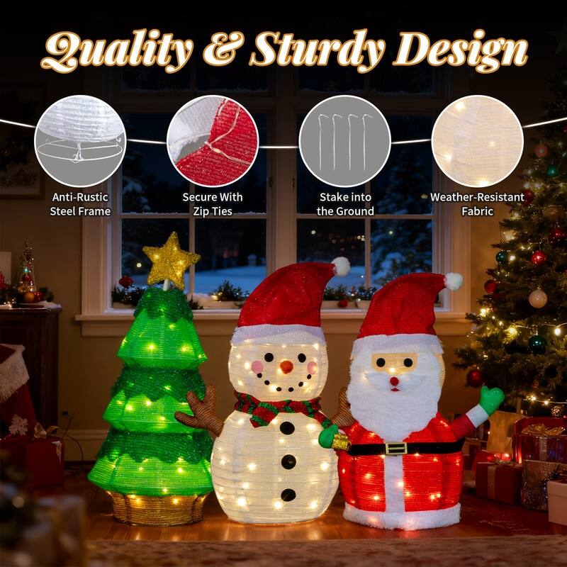 Set of 3 Lighted Santa and Snowman and Xmas Tree Christmas Decorations - White+Red+Green