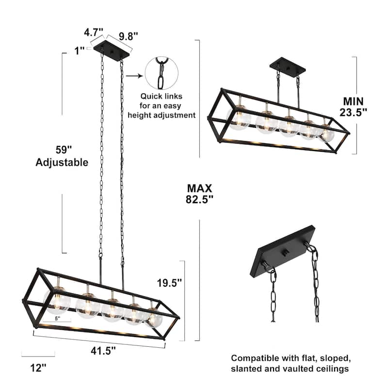 Modern Farmhouse 5-Light Geometric Chandeliers Black Gold Glass Island Light for Dining Room - 41.5"L x 20"Wx 23.5"H
