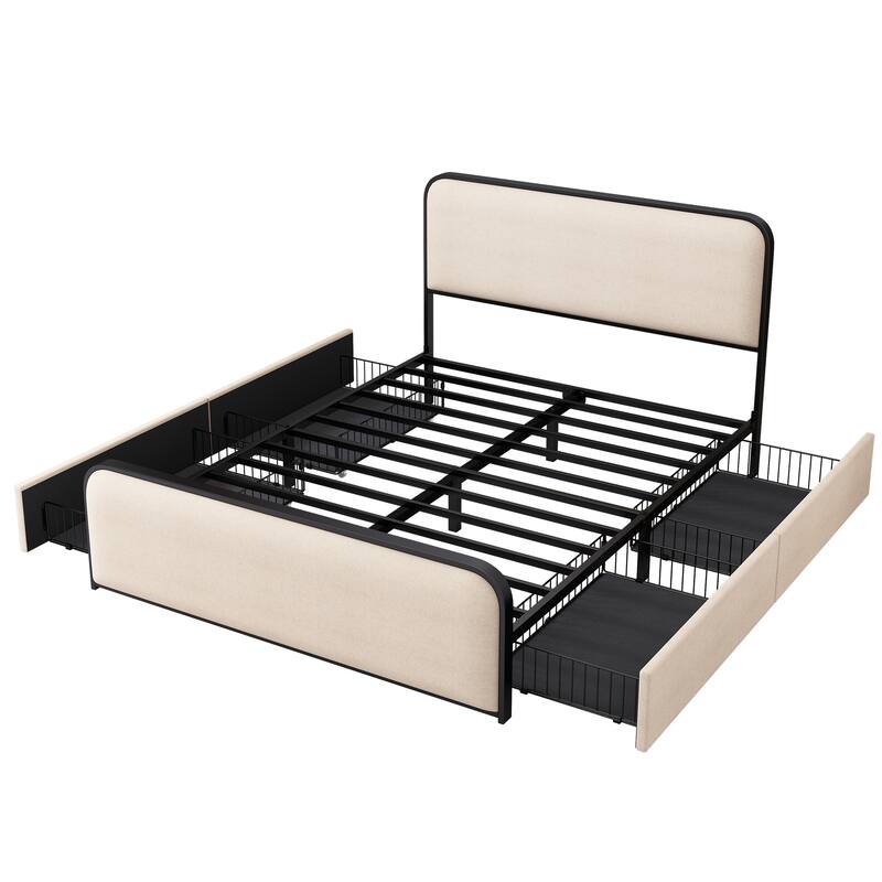 King Size Modern Metal Bed Frame with Upholstered Headboard, Footboard, and 4 Storage Drawers, Beige