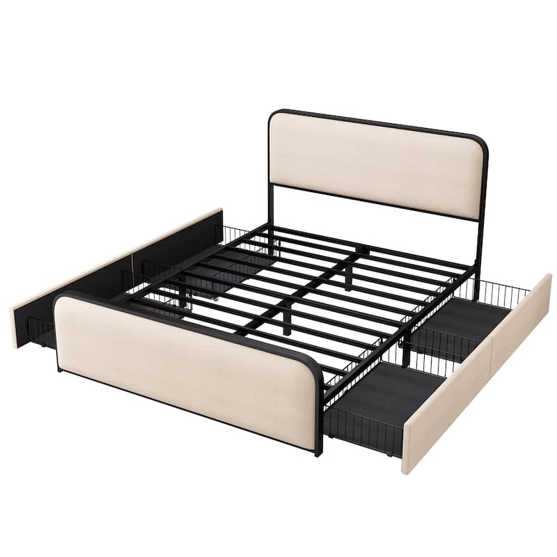 Modern Metal Bed Frame, Linen Upholstered Platform Bed with Curved Headboard and 4 Drawers, Heavy Duty Metal Slats