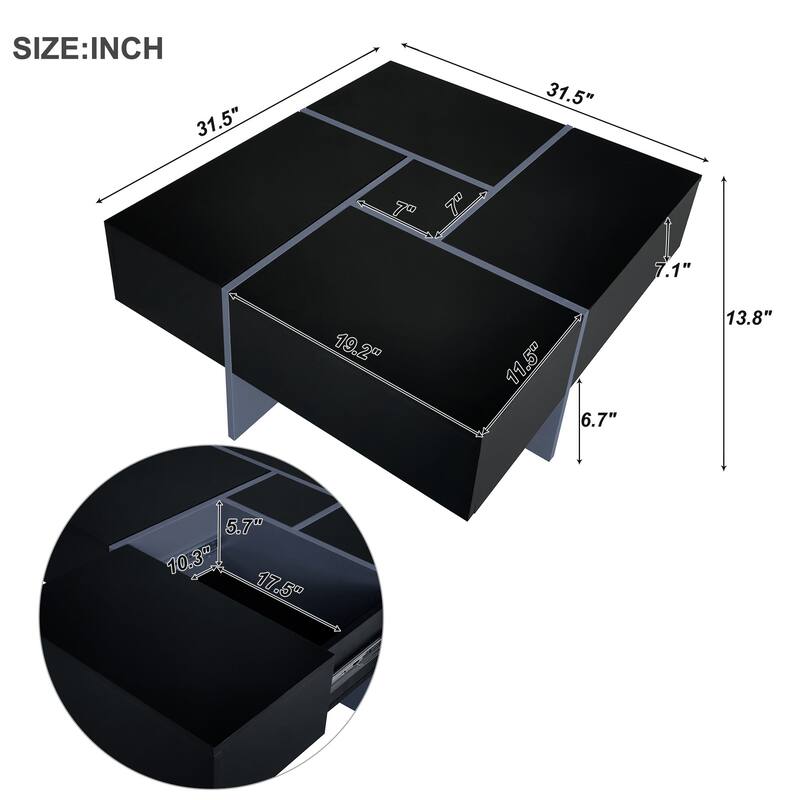 Square Extendable Coffee Table with 4 Hidden Storage Compartments