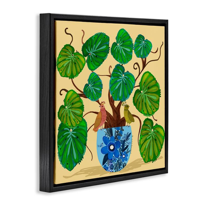 Stupell Potted Plant & Birds Perched Framed Floater Canvas Wall Art Design By Kay Widdowson