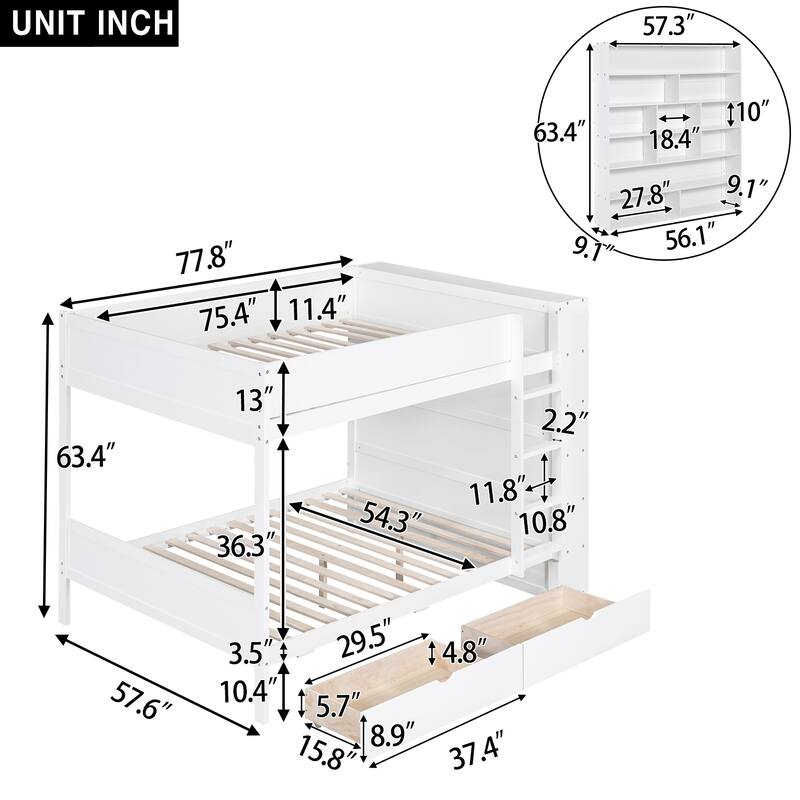 Full over Full Bunk Bed with Drawers and Cabinet, White, Space-Saving Design