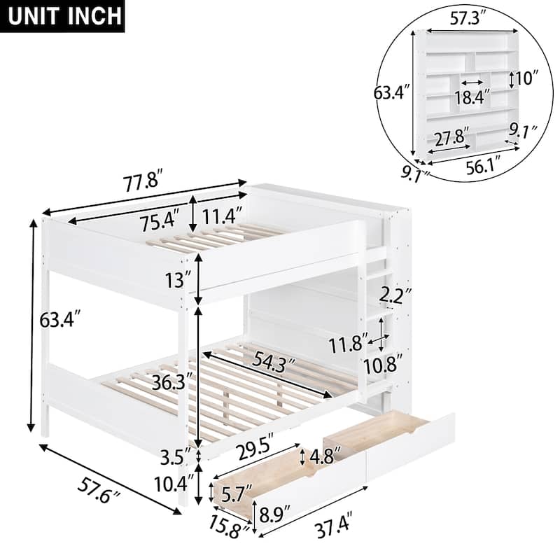 White Wood Bunk Bed With 2 Drawers and Multi-layer Cabinet, Full-length Guardrail