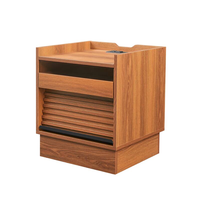 Mid-Century Modern 2-Drawer Nightstand with Charging Station & LED Lights - Bedside/End Table (Yellow)