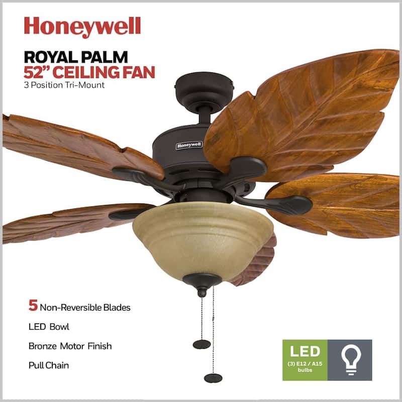 52" Honeywell Royal Palm Bronze LED Ceiling Fan with Hand Carved Solid Wood Blades