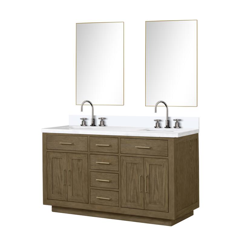 Abbey 60 in W x 22 in D Black Oak Double Bath Vanity, Cultured Marble Top, Faucet Set, and 28 in Mirrors