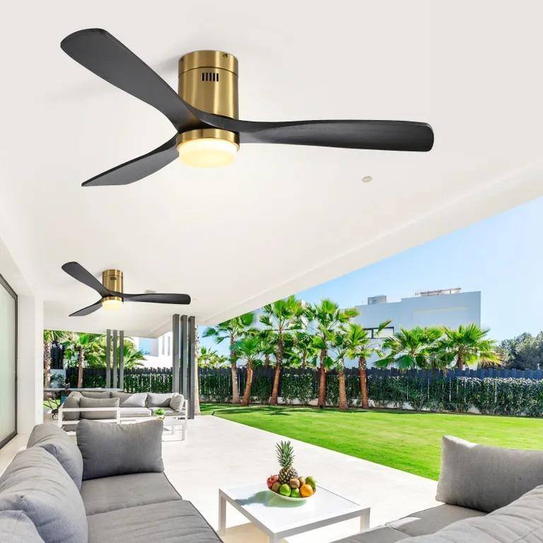 52" Flush Mount Ceiling Fan with Light, Noiseless Reversible Motor Ceiling Fan for Indoor Outdoor, 3 Solid Wood Fan Blades