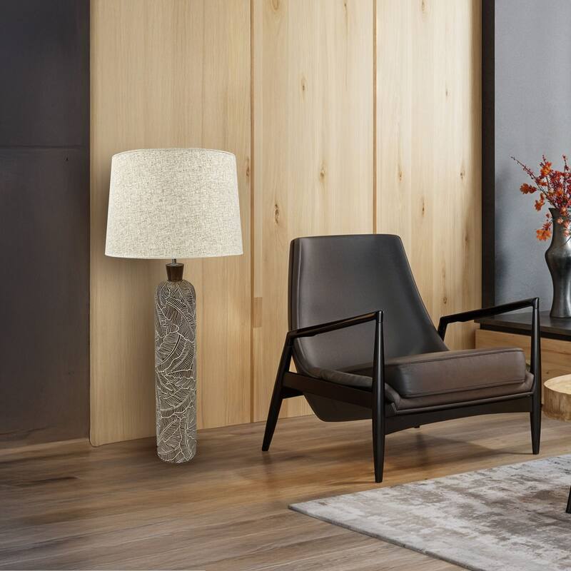 Brown 38 Inch Textured Resin Floor Lamp with Neutral Linen Drum Light