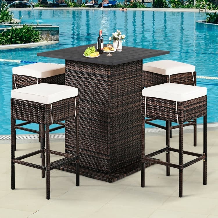 5 Pieces Patio Rattan Bar Table Stool Set Hidden Storage Shelf Cushioned - 32'' x 32'' x 40.5'' (L x W x H)