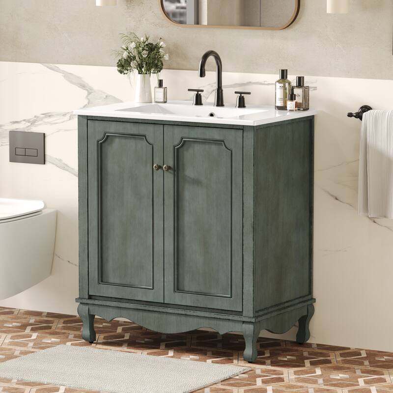 Bathroom Vanity with Sink and 2 Doors, Bathroom Cabinet with Adjustable Shelf, Restroom Vanity with Rubber Wood Legs