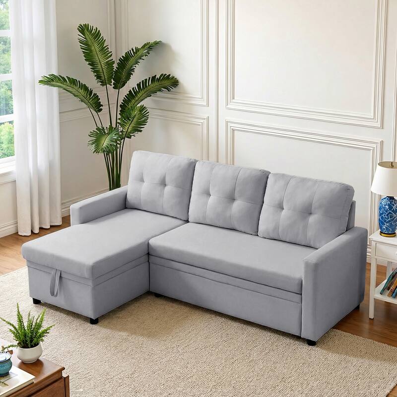 Tufted Convertible Corduroy/ Linen Modular Sectional Sofa with Storage Chaise - Linen-Light Grey