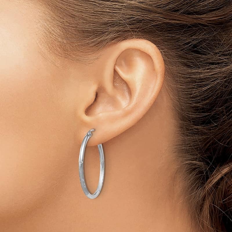 Curata 14k White Gold Satin and Sparkle Cut Round Hoop Earrings - 30x30mm