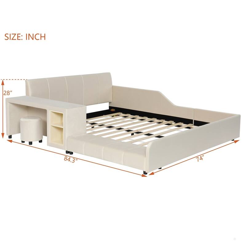 Upholstered Grounded Bed Mother & Child Bed with Bedside Desk and Little Round Stool