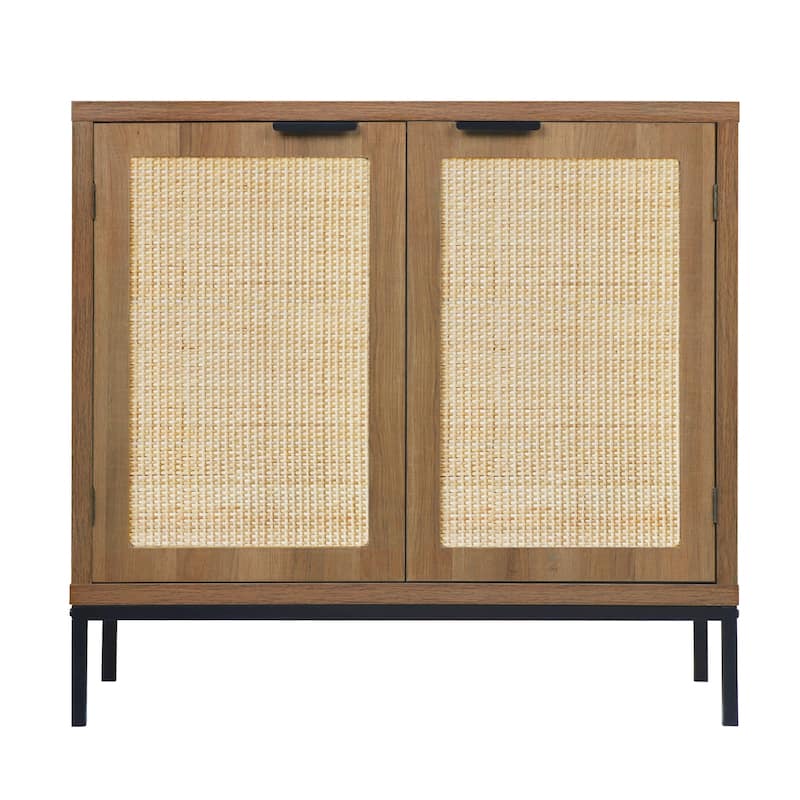 Anmytek Mid-Century Modern Rattan Accent Storage Cabinet Wood Sideboard Buffet with 2 Doors