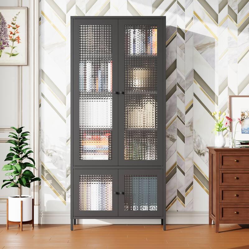 5 Shelves Cabinet Bookcase Freestanding Cabinet for Home Office,Large Metal Storage Cabinet Display Cabinet with 4 Glass Doors