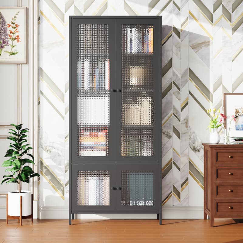 Large Metal Storage Cabinet Display Cabinet with 4 Glass Doors 5 Shelves Side Cabinet Bookcase Freestanding Cabinet,Black