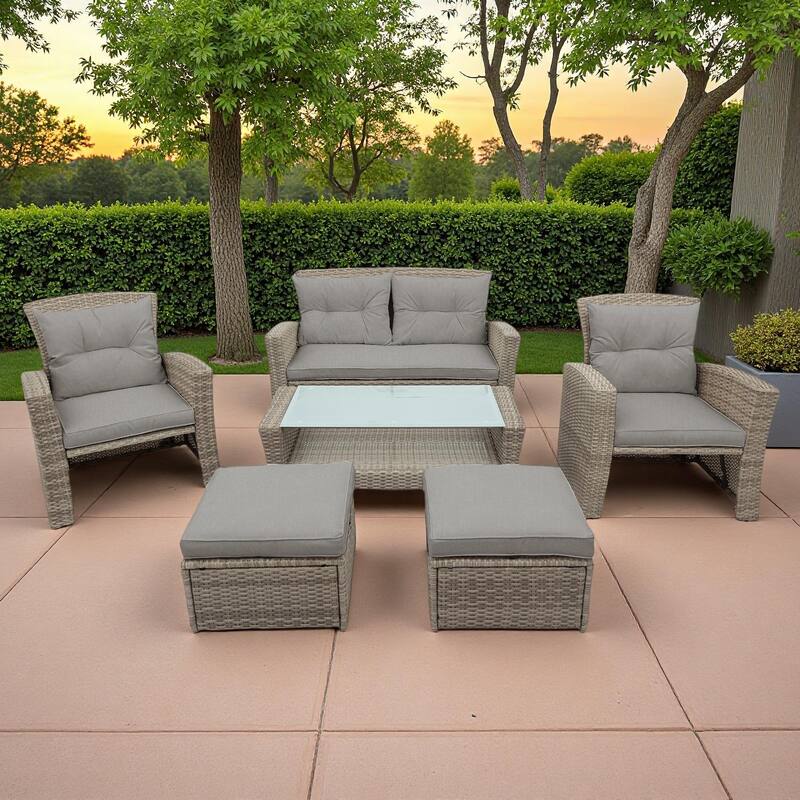 6-Piece Outdoor Patio Rattan Conversation Sofa Set with Tempered Glass Coffee Table and Ottoman - Gray
