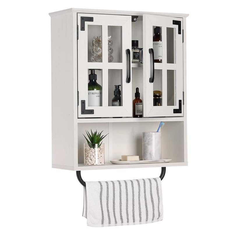 Wood Wall Storage Cabinet with Cross Glass Doors - 8.27"D x 19.3"W x 26.3"H - Vintage White