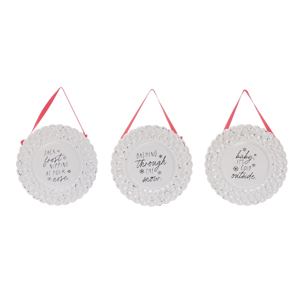 Transpac Metal/Fabric Embossed Round Sign Set of 3 Christmas Home Decorations