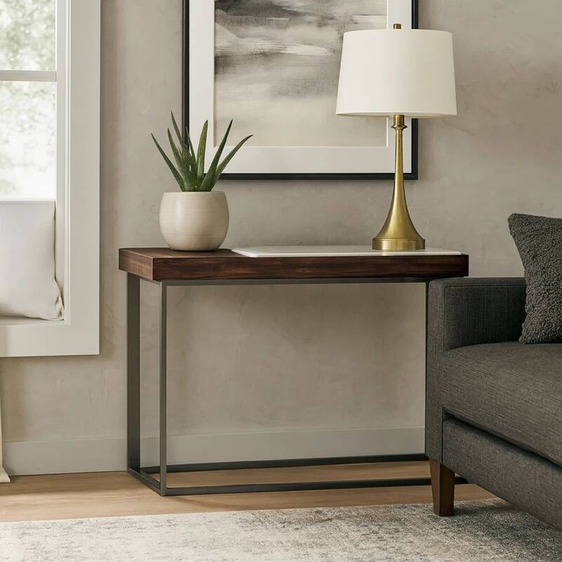 48 Inches Marble Top Console Table with Storage Slot, White and Brown