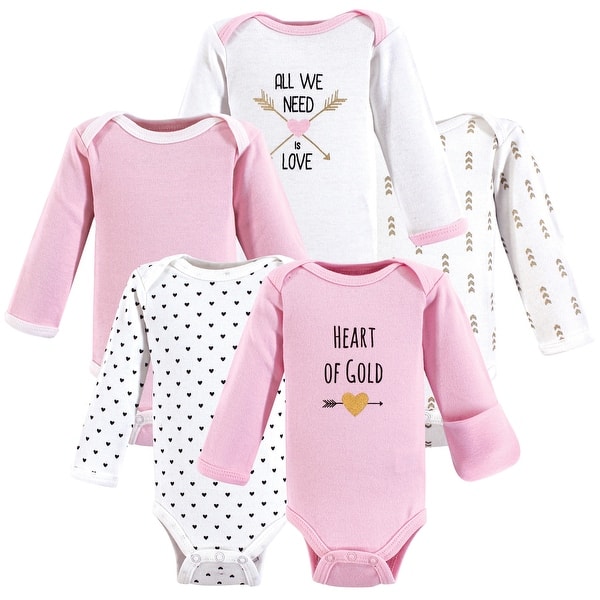 slide 1 of 1, Hudson Baby Infant Girl Cotton Preemie Long-Sleeve Bodysuits 5pk, Heart, Preemie - Heart Long-Sleeve Preemie - Heart Long-Sleeve