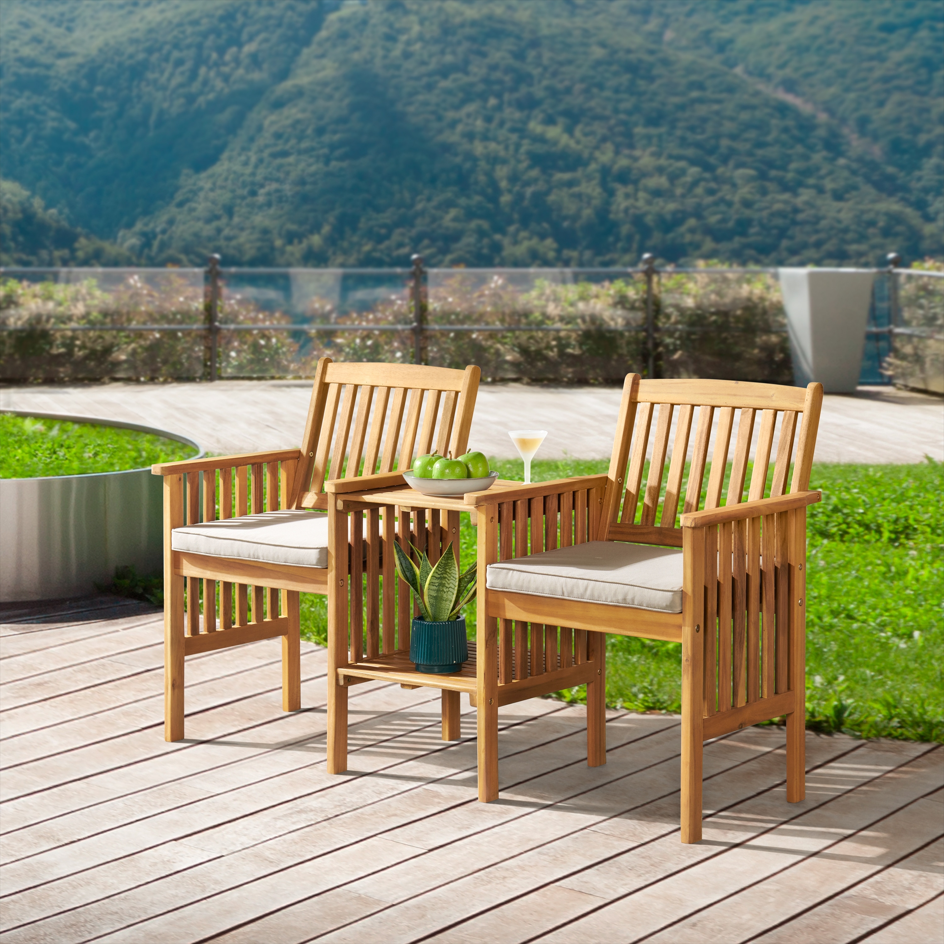 Bristol Acacia Wood Outdoor Double Seat Bench with Attached Table